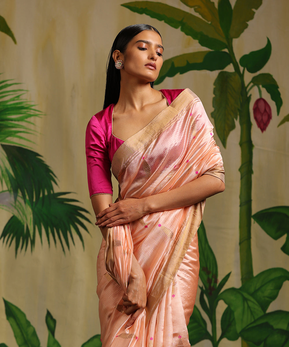 Handloom_Peach_Pure_Chanderi_Silk_Saree_With_Meena_Zari_Booti_WeaverStory_01