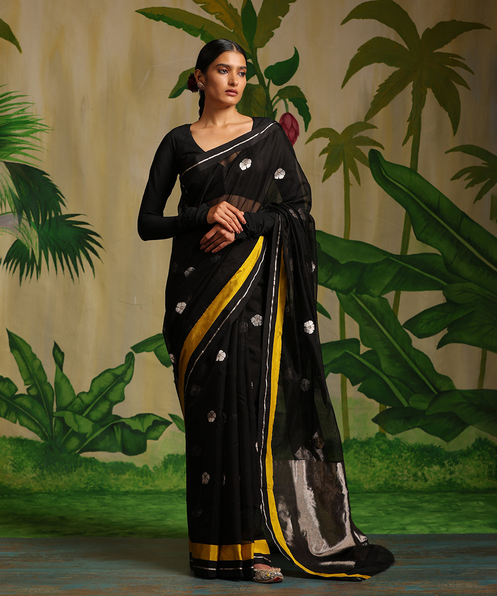 Handloom_Black_Pure_Cotton_Chanderi_Saree_With_5_Petal_Flower_Booti_WeaverStory_02