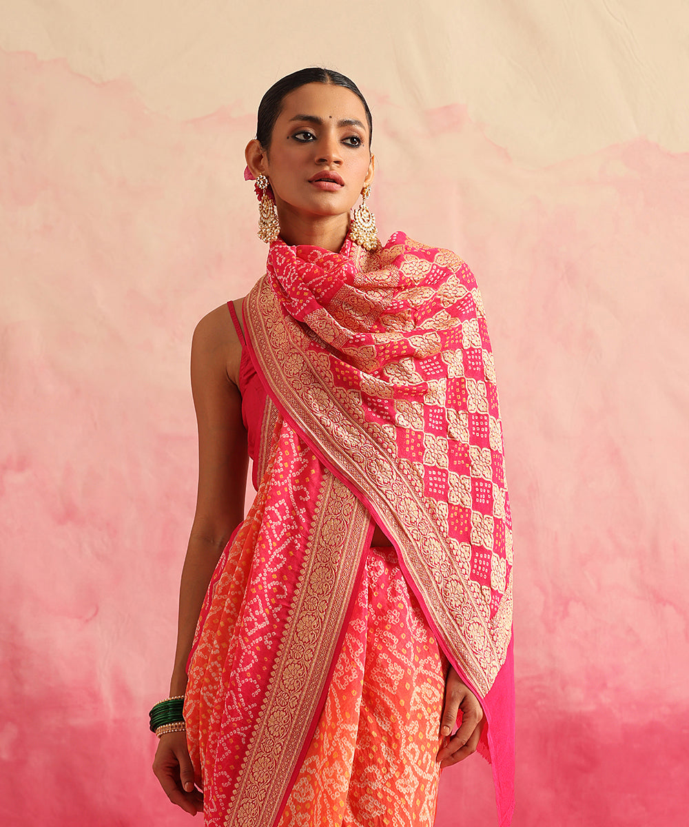 Rani_Pink_Handloom_Pure_Georgette_Banarasi_Bandhej_Saree_With_Cutwork_Pallu_WeaverStory_01