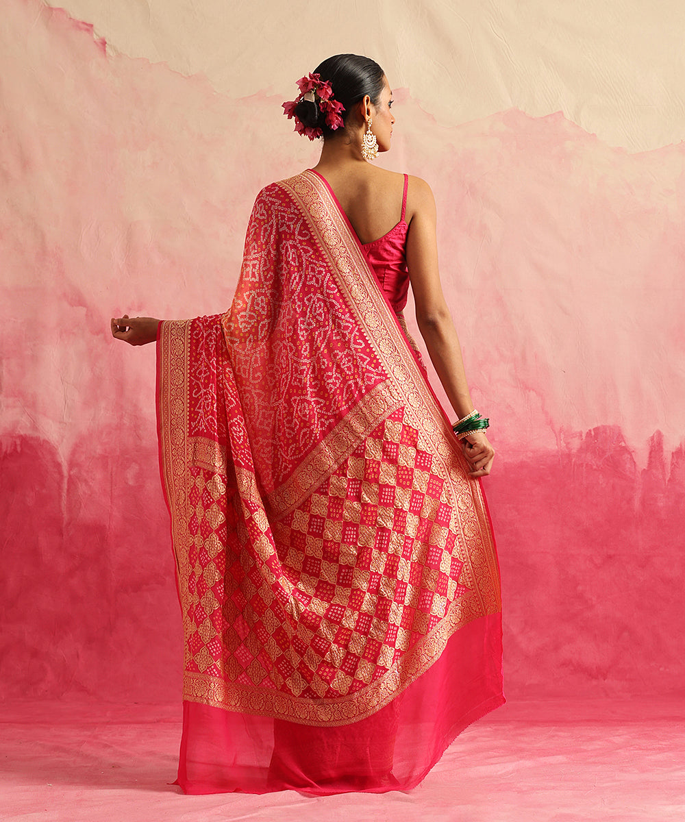 Rani_Pink_Handloom_Pure_Georgette_Banarasi_Bandhej_Saree_With_Cutwork_Pallu_WeaverStory_03