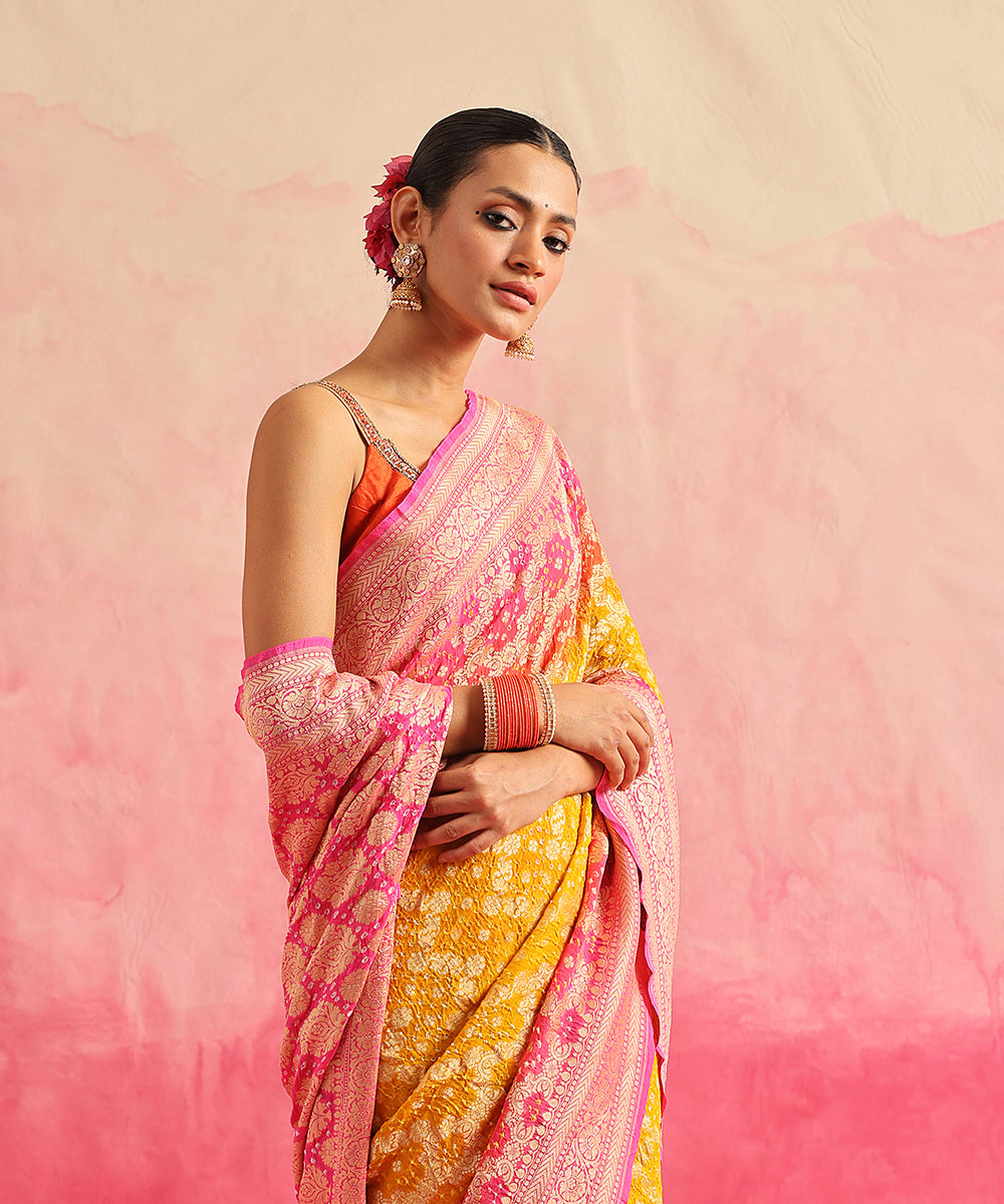 Handloom_Neon_Pink_And_Yellwo_Pure_Georgette_Banarasi_Bandhej_Saree_WeaverStory_01