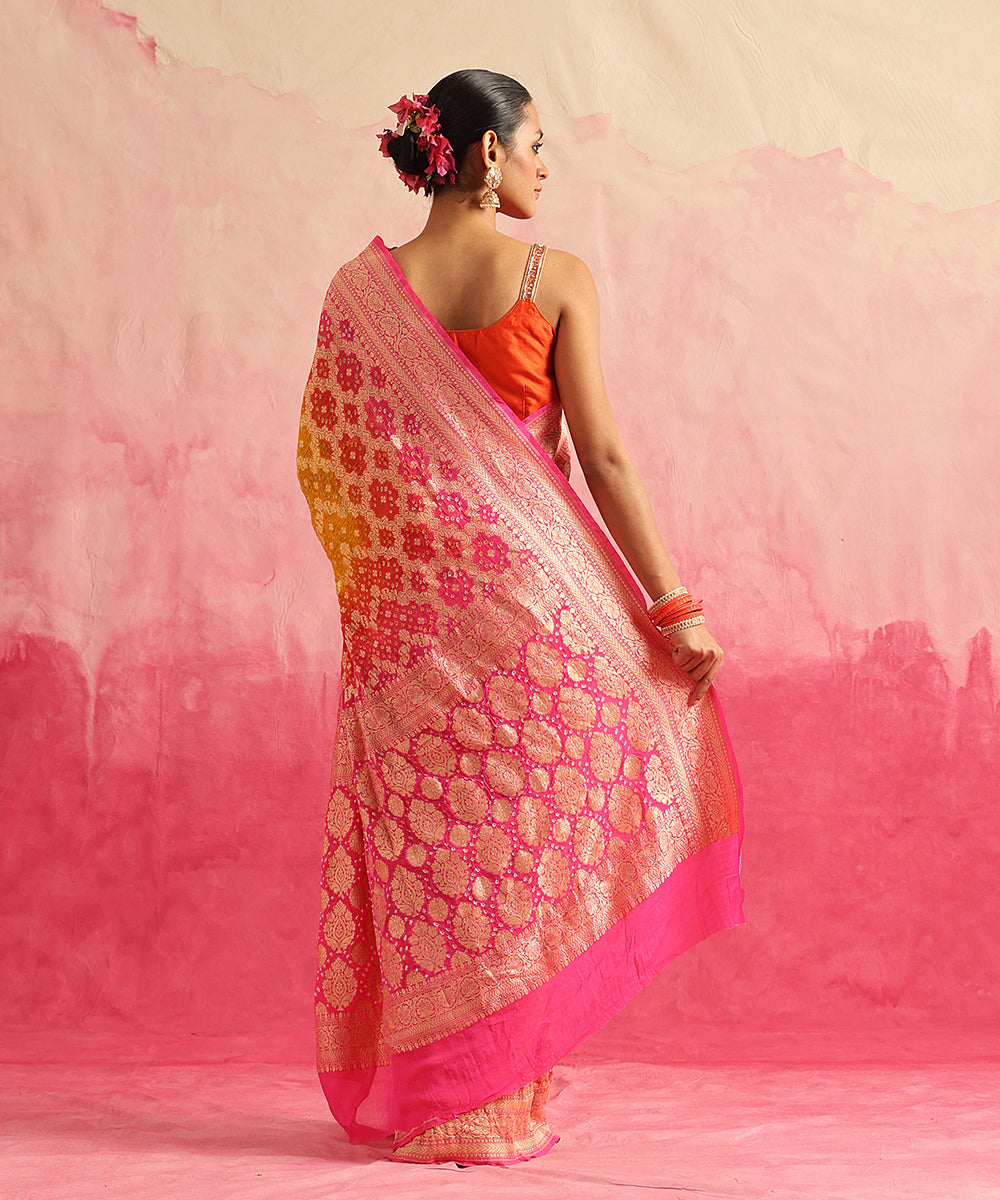 Handloom_Neon_Pink_And_Yellwo_Pure_Georgette_Banarasi_Bandhej_Saree_WeaverStory_03