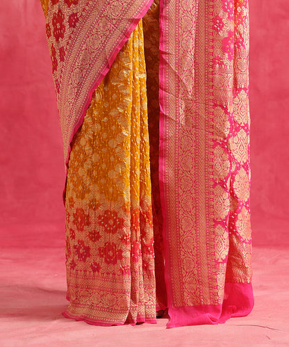 Handloom_Neon_Pink_And_Yellwo_Pure_Georgette_Banarasi_Bandhej_Saree_WeaverStory_04