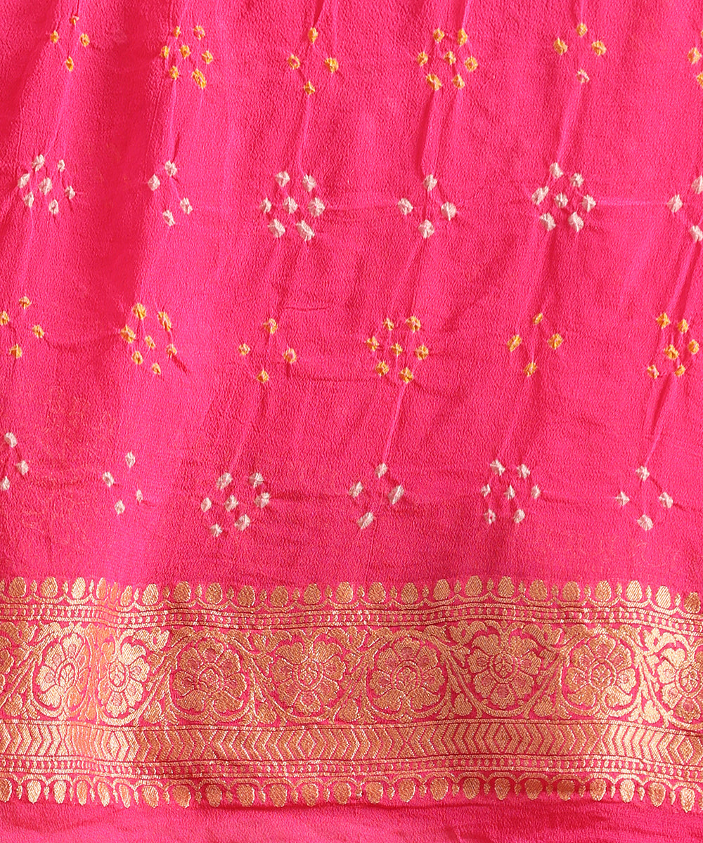 Handloom_Neon_Pink_And_Yellwo_Pure_Georgette_Banarasi_Bandhej_Saree_WeaverStory_05