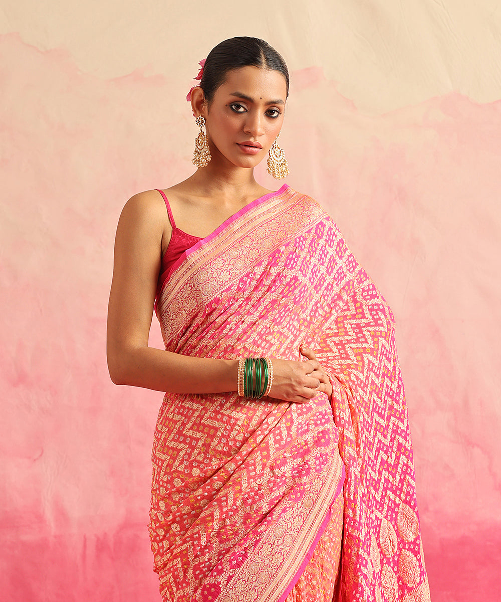 Orange_And_Rani_Pink_Handloom_Pure_Georgette_Banarasi_Bandhej_Saree_With_Cutwork_Jaal_WeaverStory_01