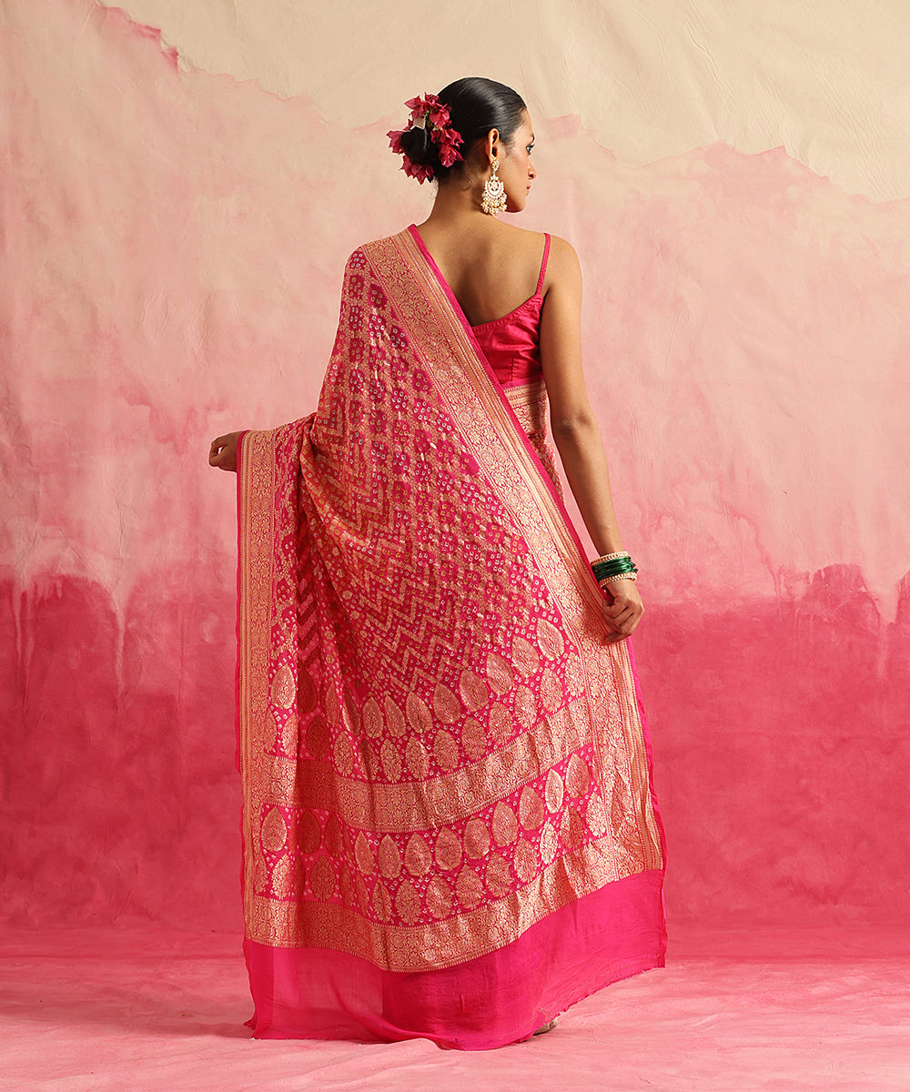 Orange_And_Rani_Pink_Handloom_Pure_Georgette_Banarasi_Bandhej_Saree_With_Cutwork_Jaal_WeaverStory_03