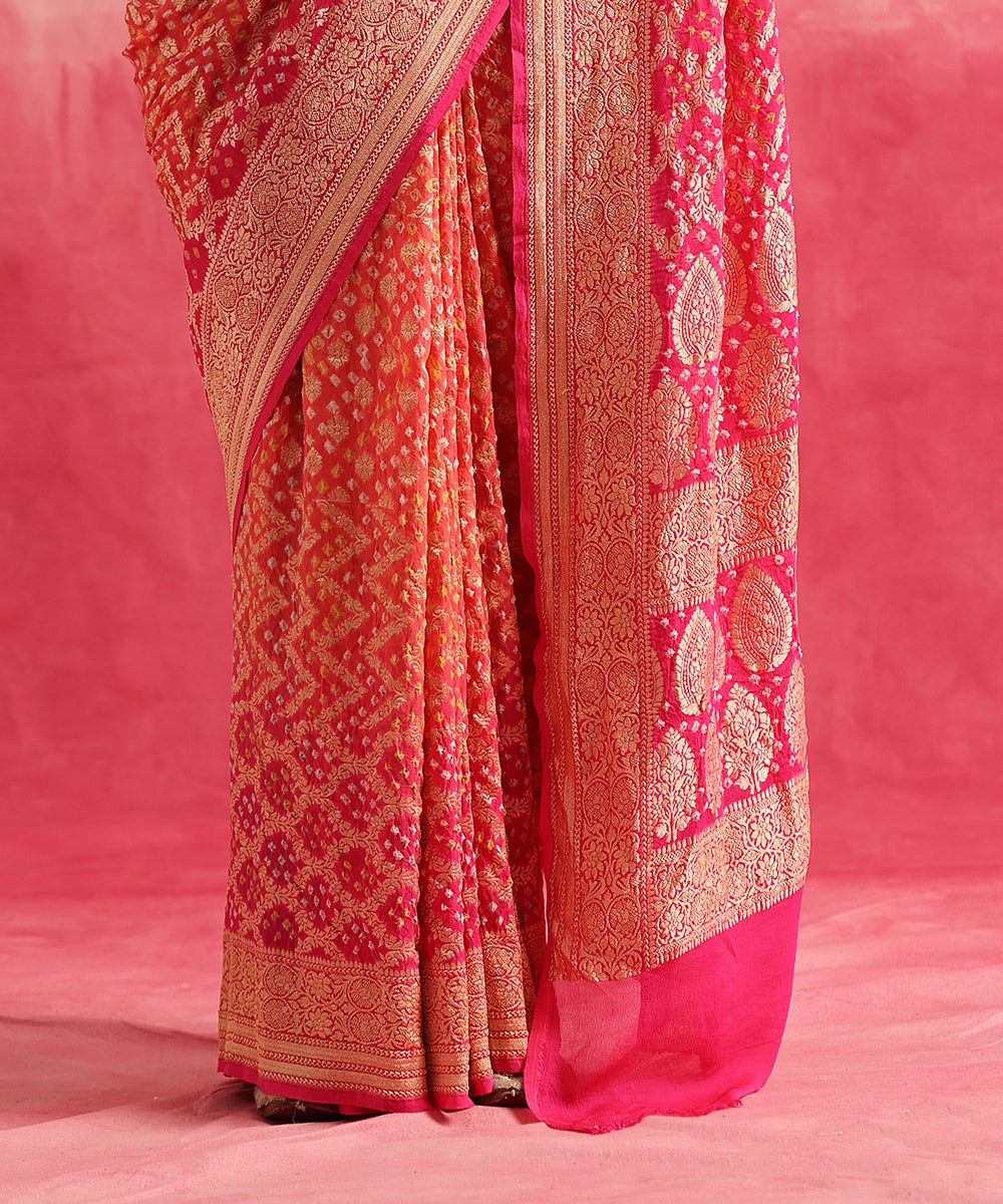 Orange_And_Rani_Pink_Handloom_Pure_Georgette_Banarasi_Bandhej_Saree_With_Cutwork_Jaal_WeaverStory_04