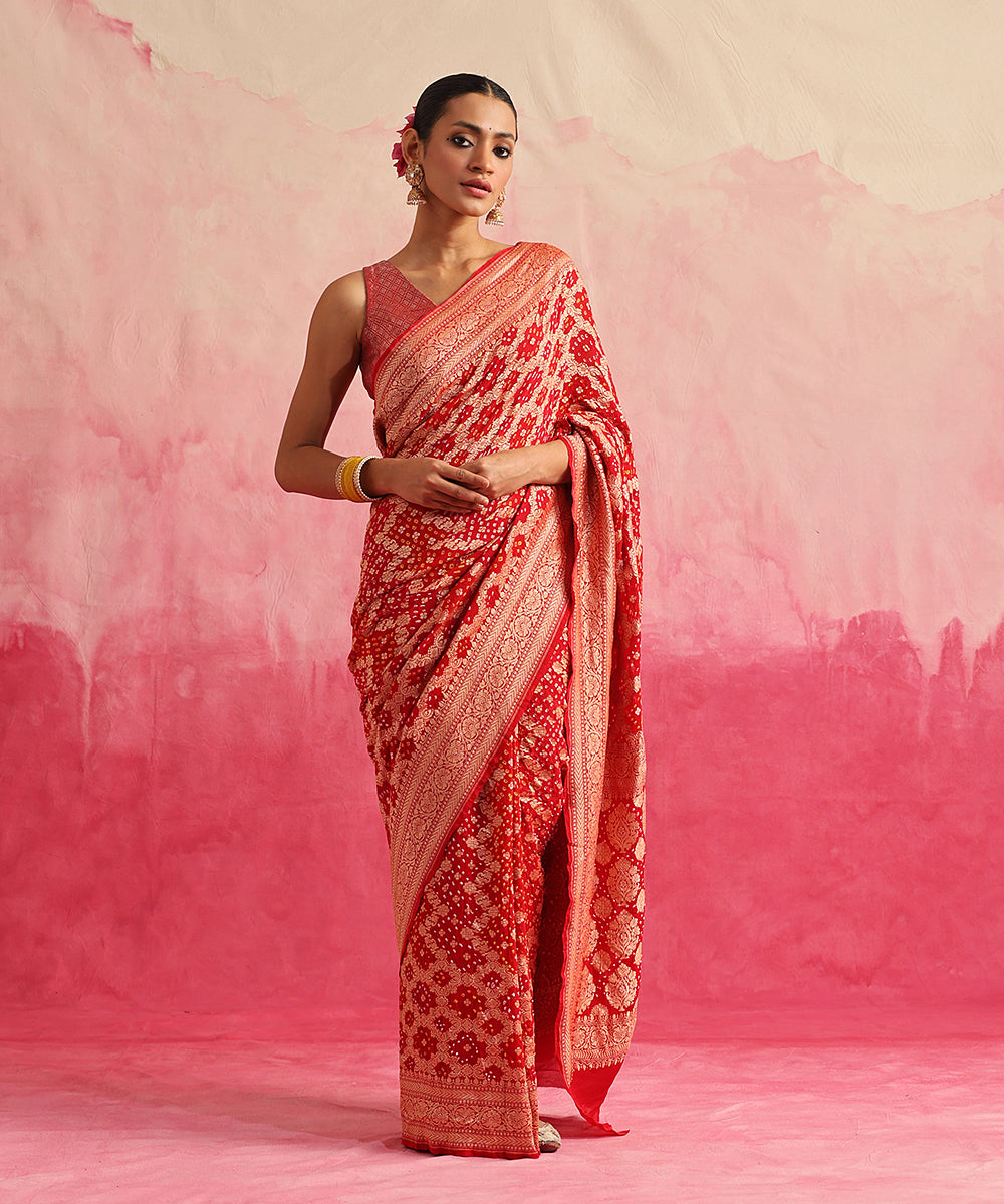 Handloom_Red_Pure_Georgette_Banarasi_Bandhej_Saree_With_Cutwork_Jaal_WeaverStory_02