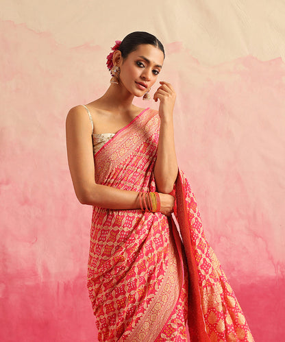 Pink_Handloom_Pure_Georgette_Banarasi_Bandhej_Saree_With_Cutwork_Weave_WeaverStory_01