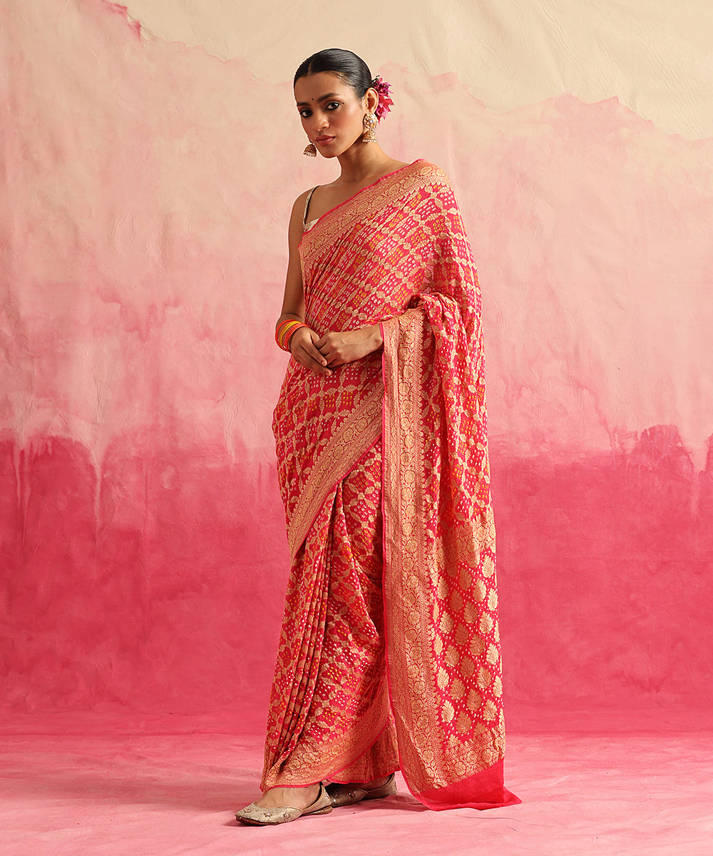 Pink_Handloom_Pure_Georgette_Banarasi_Bandhej_Saree_With_Cutwork_Weave_WeaverStory_02