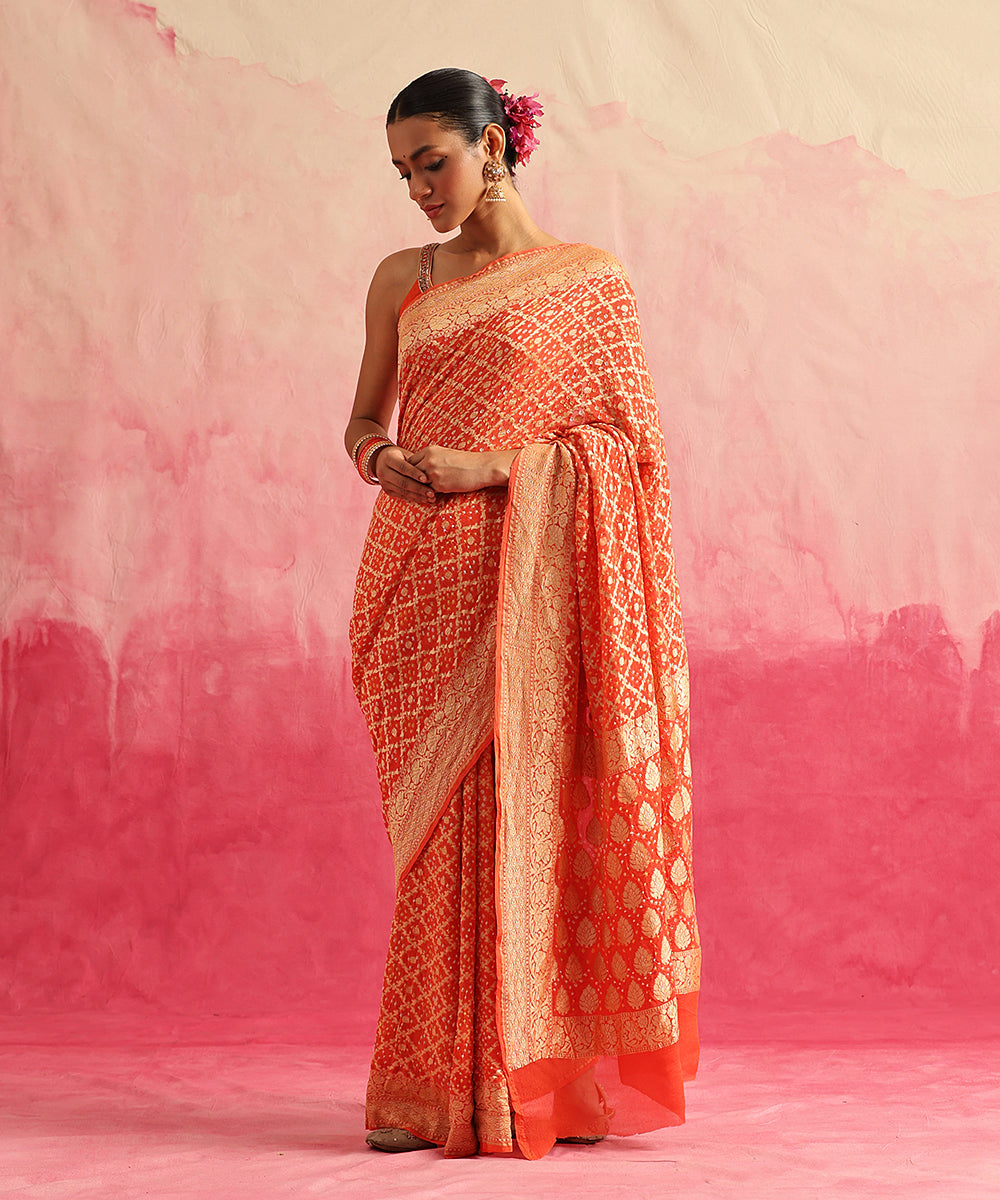 Handloom_Orange_Pure_Georgette_Banarasi_Bandhej_Saree_With_Cutwork_Jaal_WeaverStory_02