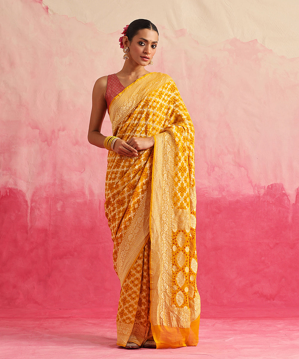 Mustard_Handloom_Pure_Georgette_Banarasi_Bandhej_Saree_With_All_Over_Cutwork_Jaal_WeaverStory_02