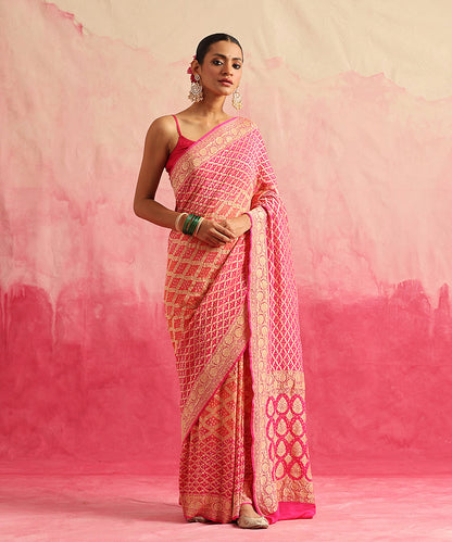 Handloom_Orange_And_Rani_Pink_Pure_Georgette_Banarasi_Bandhej_Saree_WeaverStory_02