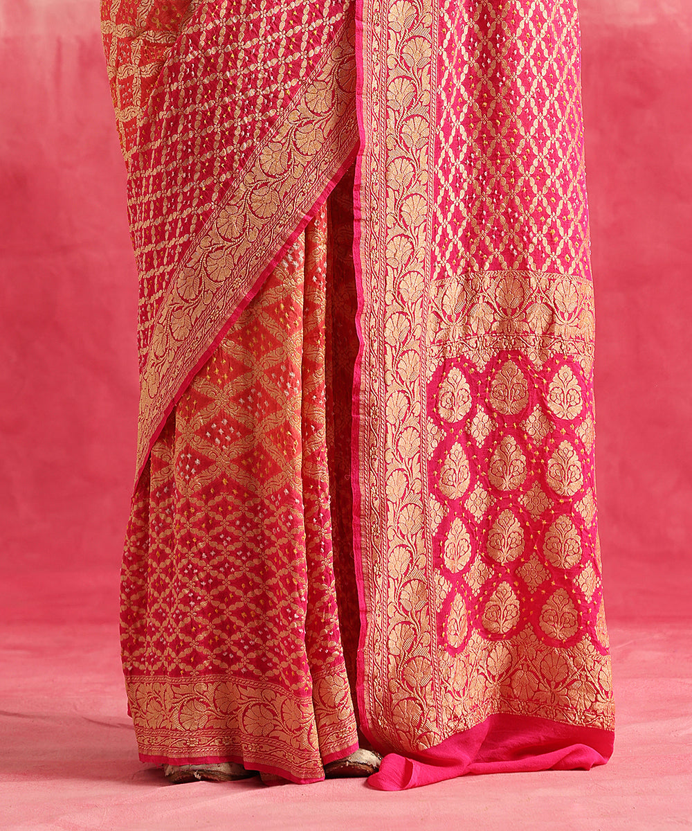 Handloom_Orange_And_Rani_Pink_Pure_Georgette_Banarasi_Bandhej_Saree_WeaverStory_04