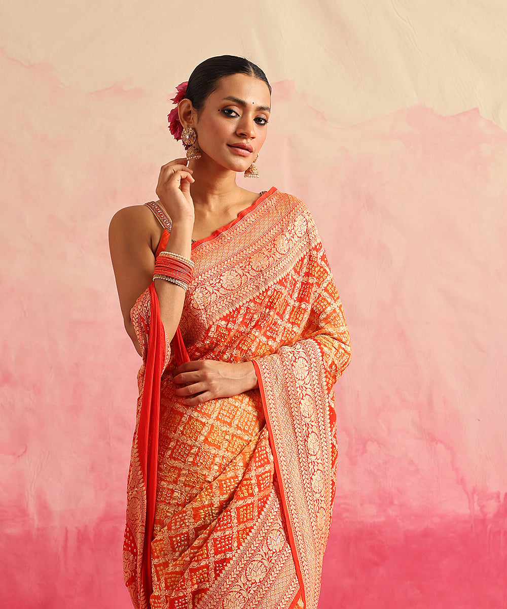 Red_And_Orange_Handloom_Pure_Georgette_Banarasi_Bandhej_Saree_With_Cutwork_Weave_WeaverStory_01