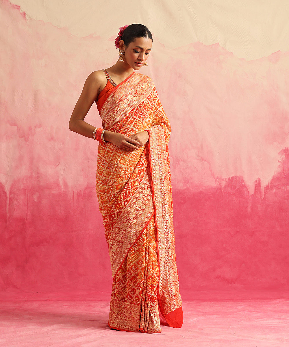 Red_And_Orange_Handloom_Pure_Georgette_Banarasi_Bandhej_Saree_With_Cutwork_Weave_WeaverStory_02