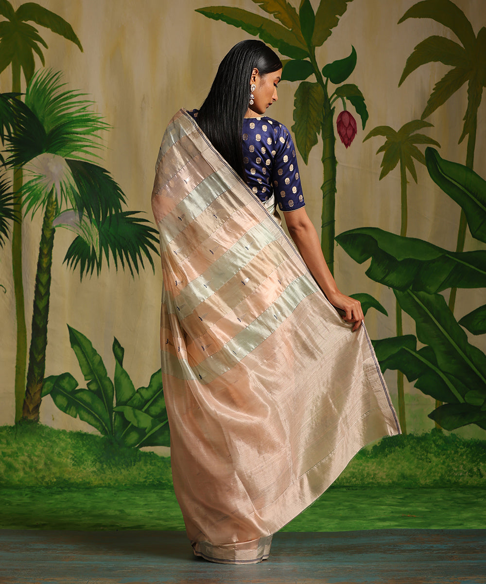 Handloom_Peach_And_White_Striped_Pure_Chanderi_Silk_Saree_With_Tilak_Booti_WeaverStory_03