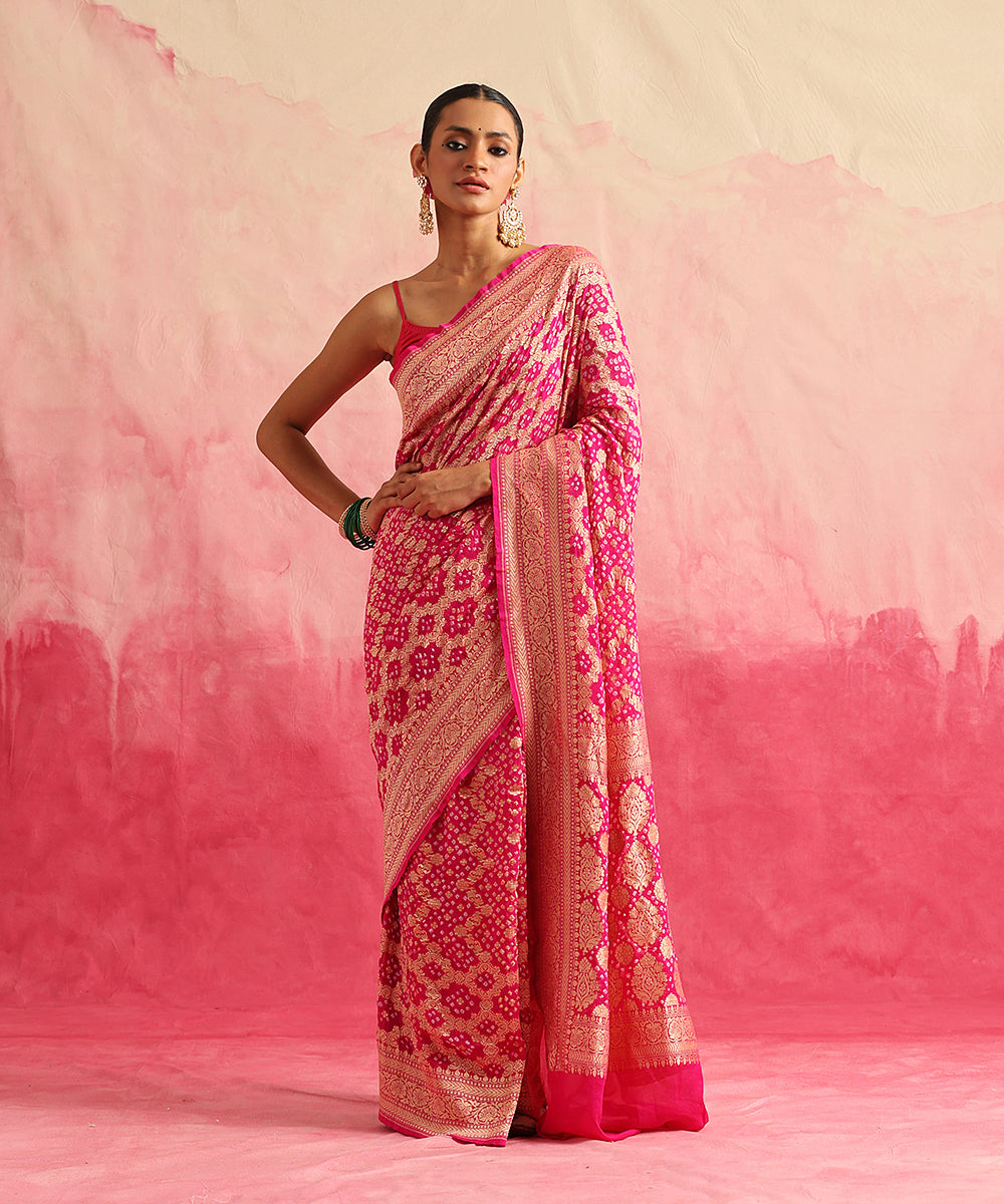 Rani_Pink_Handloom_Pure_Georgette_Banarasi_Bandhej_Saree_WeaverStory_02