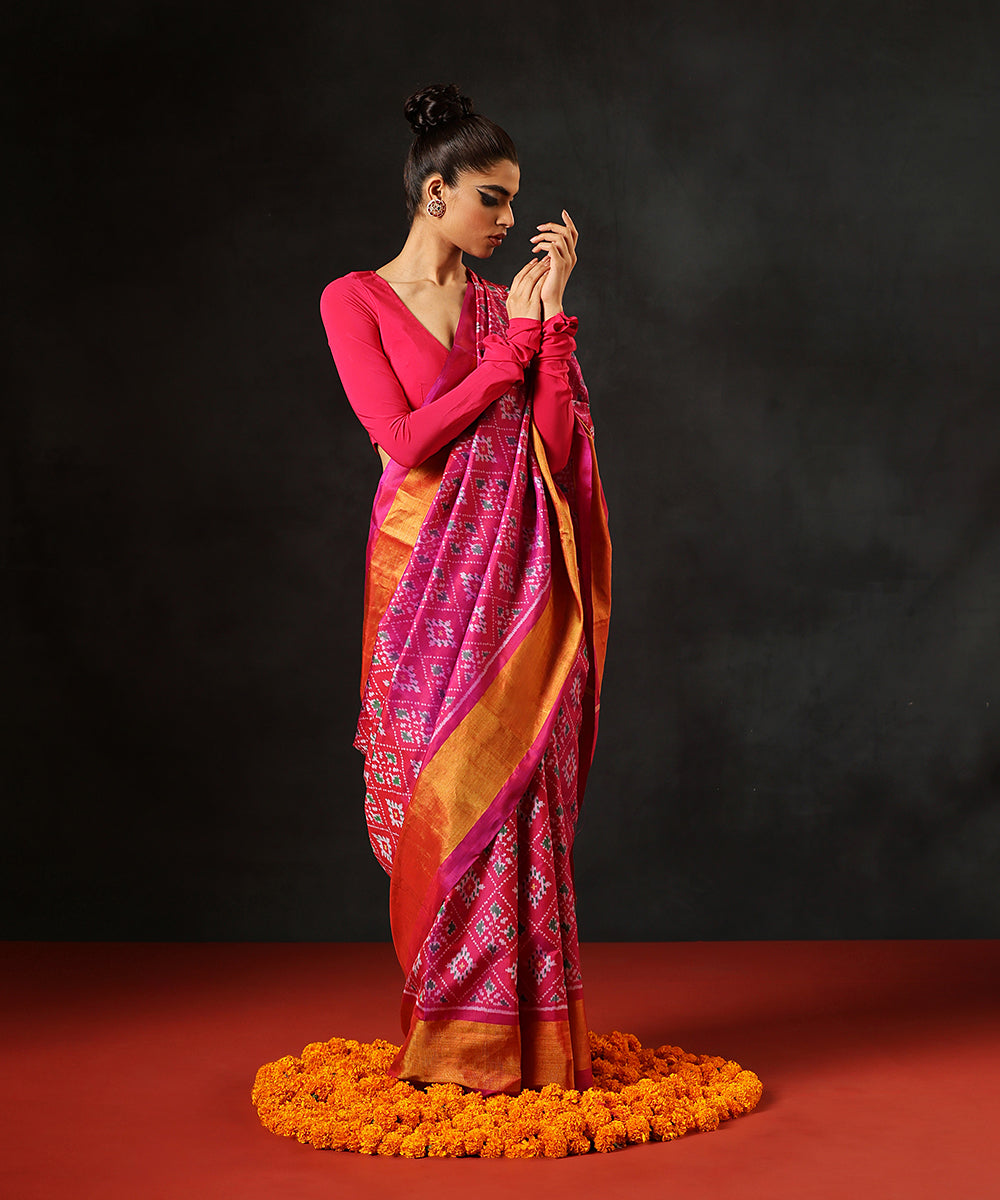 HandloomRani_PinkDouble_Shade_Pure_Mulberry_Silk_Single_Ikat_Patola_Saree_With_TissueBorder_WeaverStory_02