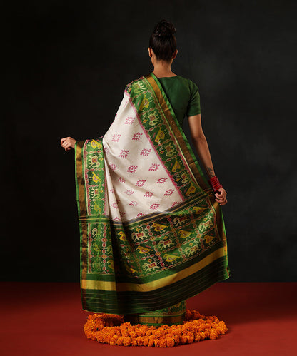HandloomGreen_And_White_Pure_Mulberry_Silk_Single_Ikat_Patola_Saree_With_Tissue_Border_WeaverStory_03