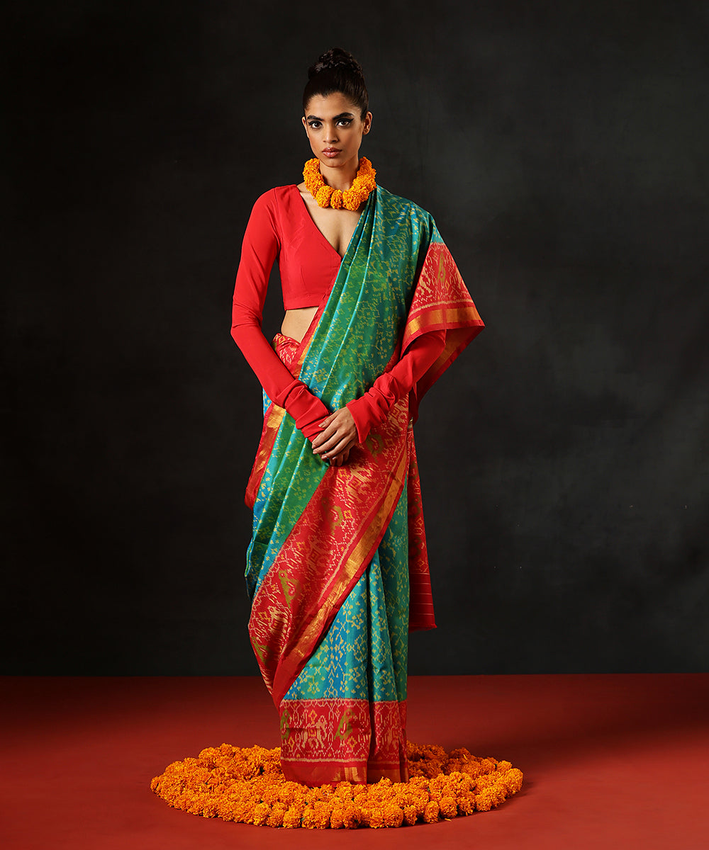 Handloom_Red_And_Teal_Green_Double_Shade_Pure_Mulberry_Silk_Single_Ikat_Patola_Saree_WithTissueBorder_WeaverStory_02