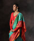 Teal_Green_Double_Shade_Handloom_Pure_Mulbery_Silk_Patola_Single_Ikat_Saree_With_Red_Border_WeaverStory_01
