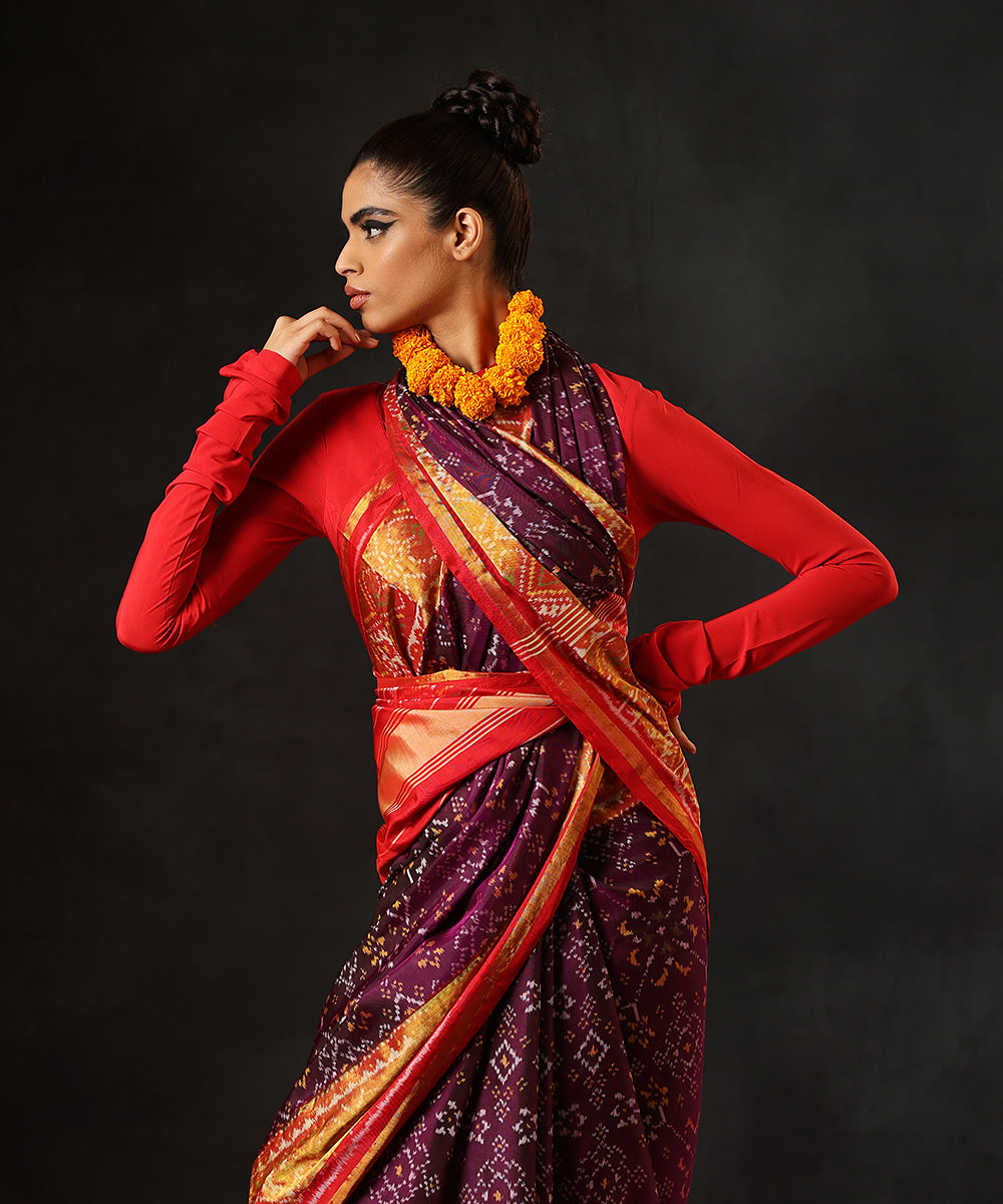 Purple_And_Red_HandloomPure_Mulberry_Silk_Single_Ikat_Patola_Saree_With_Gold_Tissue_Border_WeaverStory_01