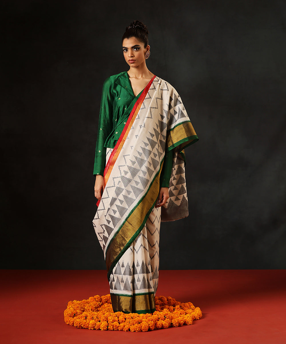 Handloom_White_And_Grey_Pure_Mulberry_Silk_Single_Ikat_PatolaGanga_Jamuna_Saree_With_Green_Tissue_Border_WeaverStory_02