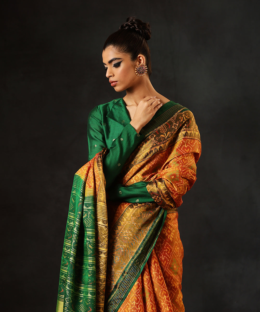 HandloomMustard_And_Green_Pure_Mulberry_Silk_Single_Ikat_Patola_Saree_With_TissueBorder_WeaverStory_01