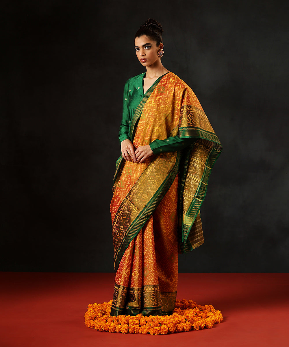 HandloomMustard_And_Green_Pure_Mulberry_Silk_Single_Ikat_Patola_Saree_With_TissueBorder_WeaverStory_02