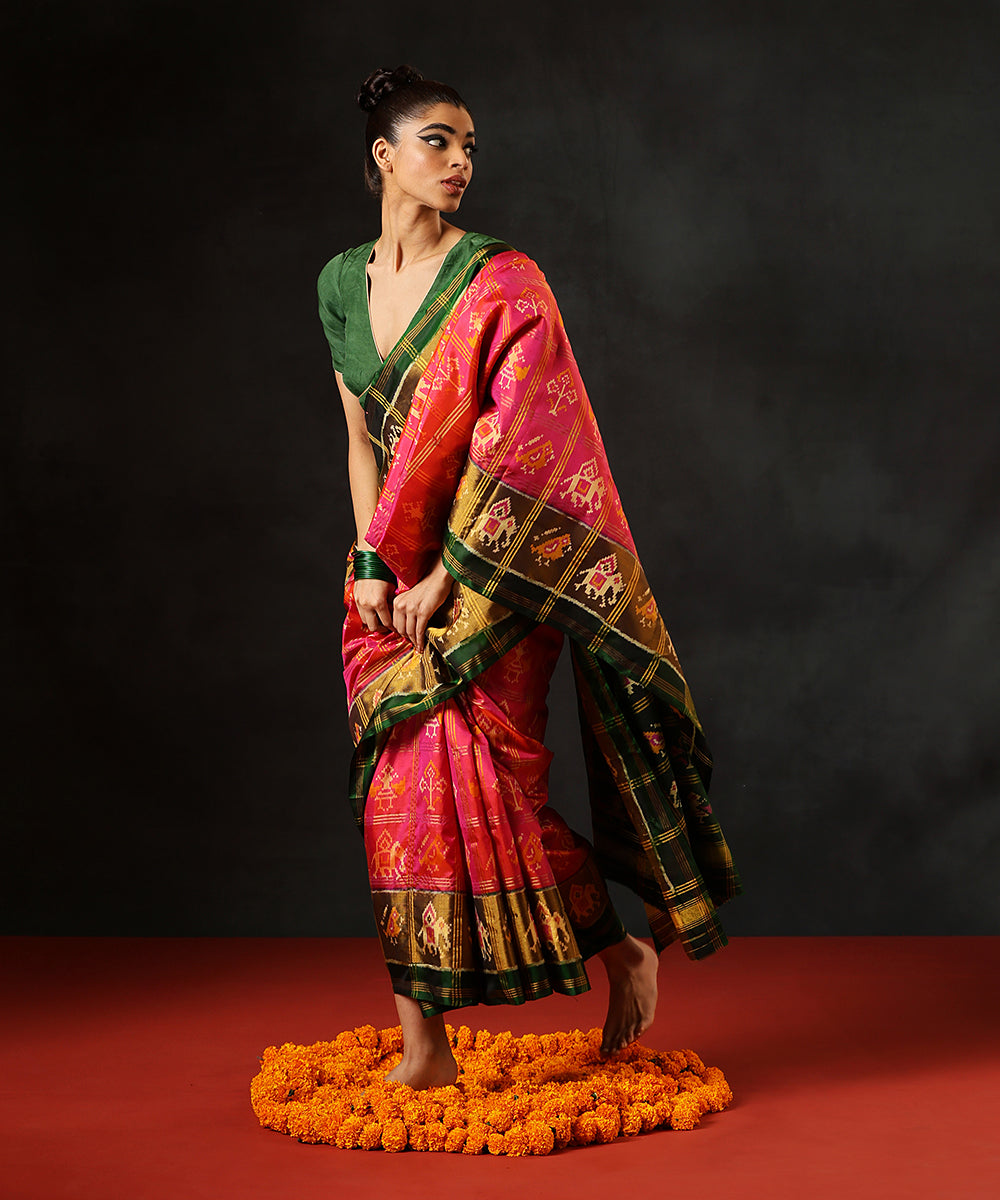 Handloom_Pink_And_Orange_Pure_Mulberry_Silk_Single_Ikat_Patola_SareeWith_Green_Tissue_Border_WeaverStory_02