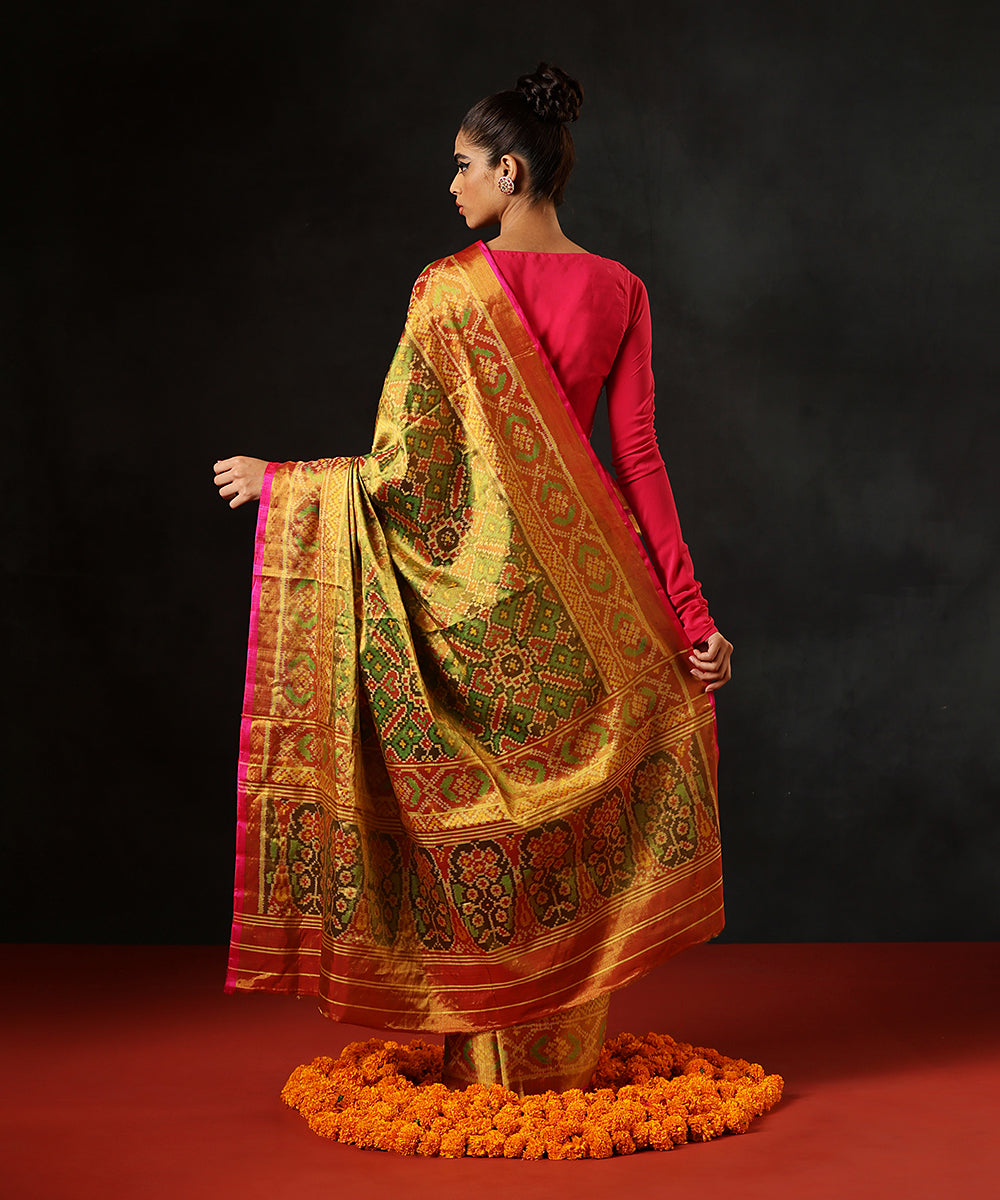 Mustard_And_Green_Handloom_Tissue_Silk_Patola_Saree_With_Pink_Tissue_Border_WeaverStory_03