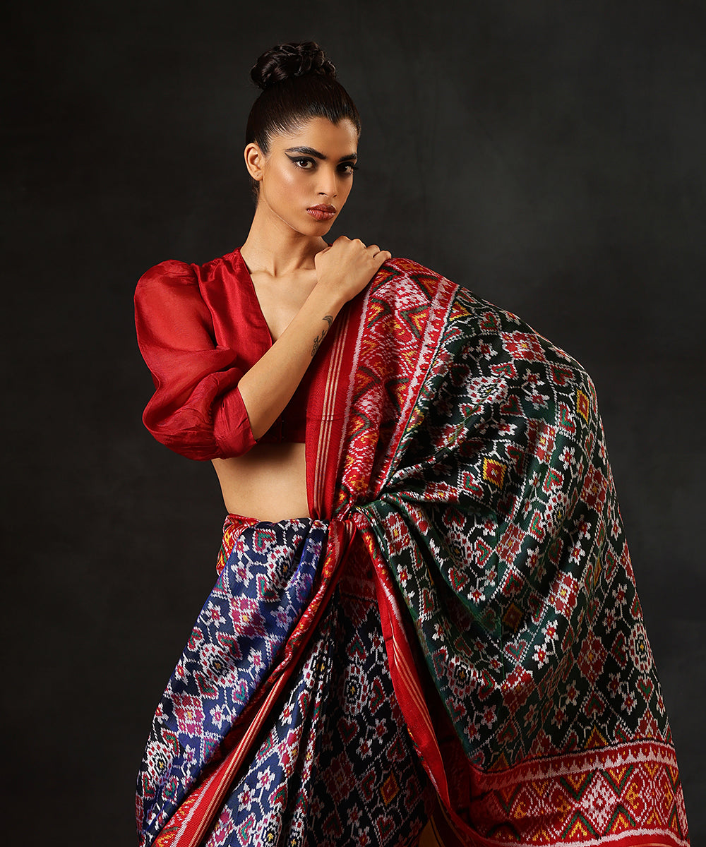 HandloomBlue_And_Red_Double_Wear_Pure_Mulberry_SilkIkat_Patola_Saree_With_Twill_Weave_And_Maroon_Border_WeaverStory_01