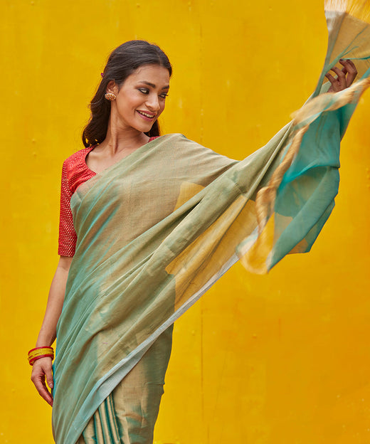 Aqua Blue and Gold Handloom Tissue Silk Chanderi Saree With Eknaliya Weave