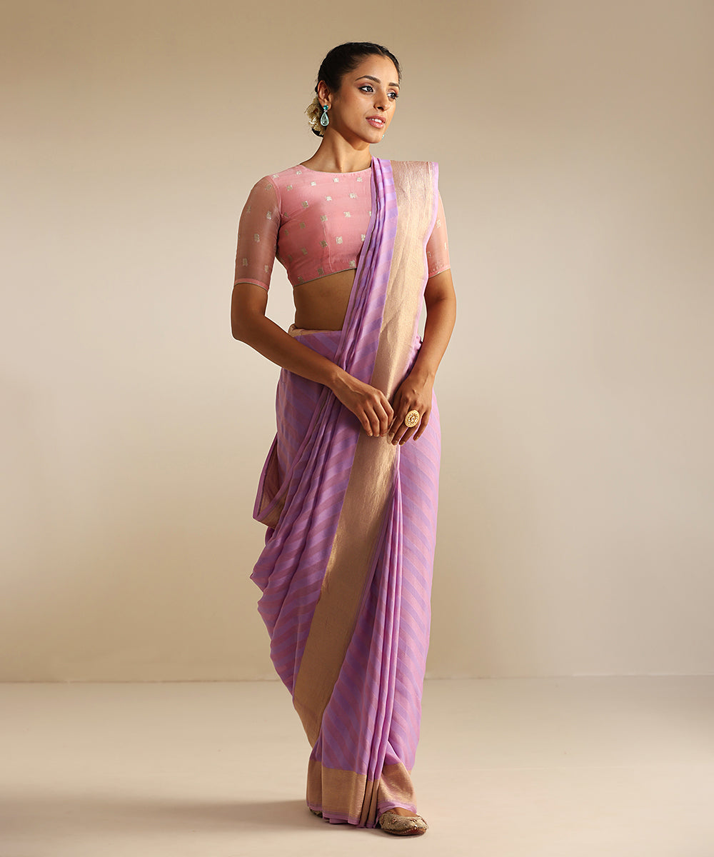 Handloom_Lavender_Pure_Georgette_Banarasi_Saree_With_Horizontal_Resham_Stripes_WeaverStory_02