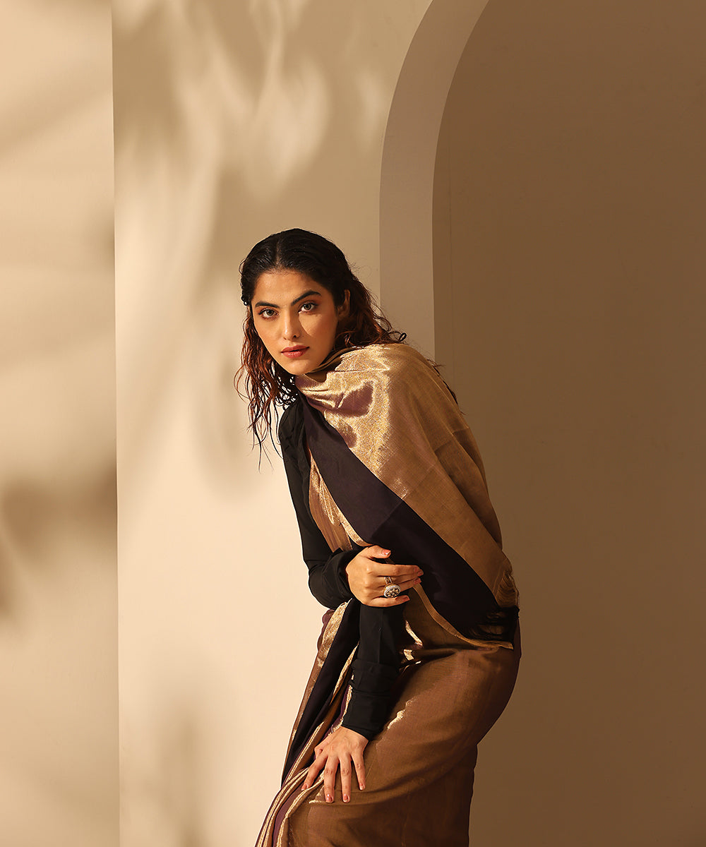 Handloom_Gold_Chanderi_Tissue_Silk_Saree_With_Black_4_Inch_Border_WeaverStory_01