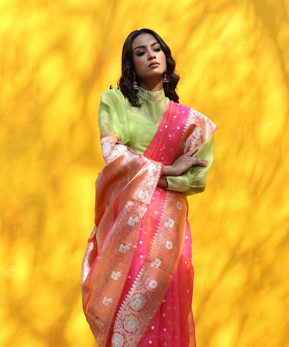 Neon_Pink_Handloom_Pure_Organza_Banarasi_Saree_With_All_Over_Sona_Rupa_Booti_WeaverStory_01