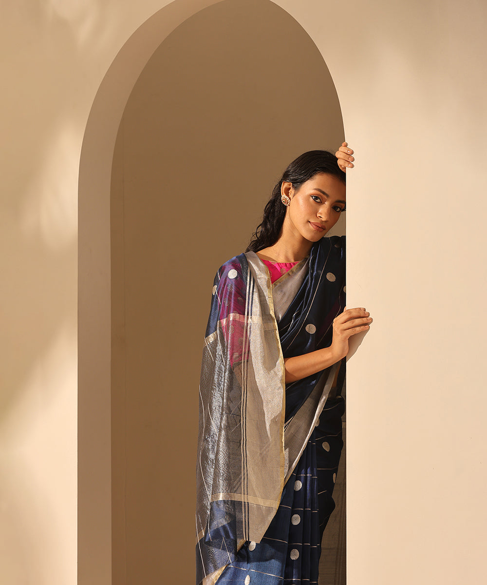 Navy_Blue_Handloom_Pure_Chanderi_Silk_Saree_With_Silver_Zari_Stripes_And_Round_Booti_WeaverStory_01