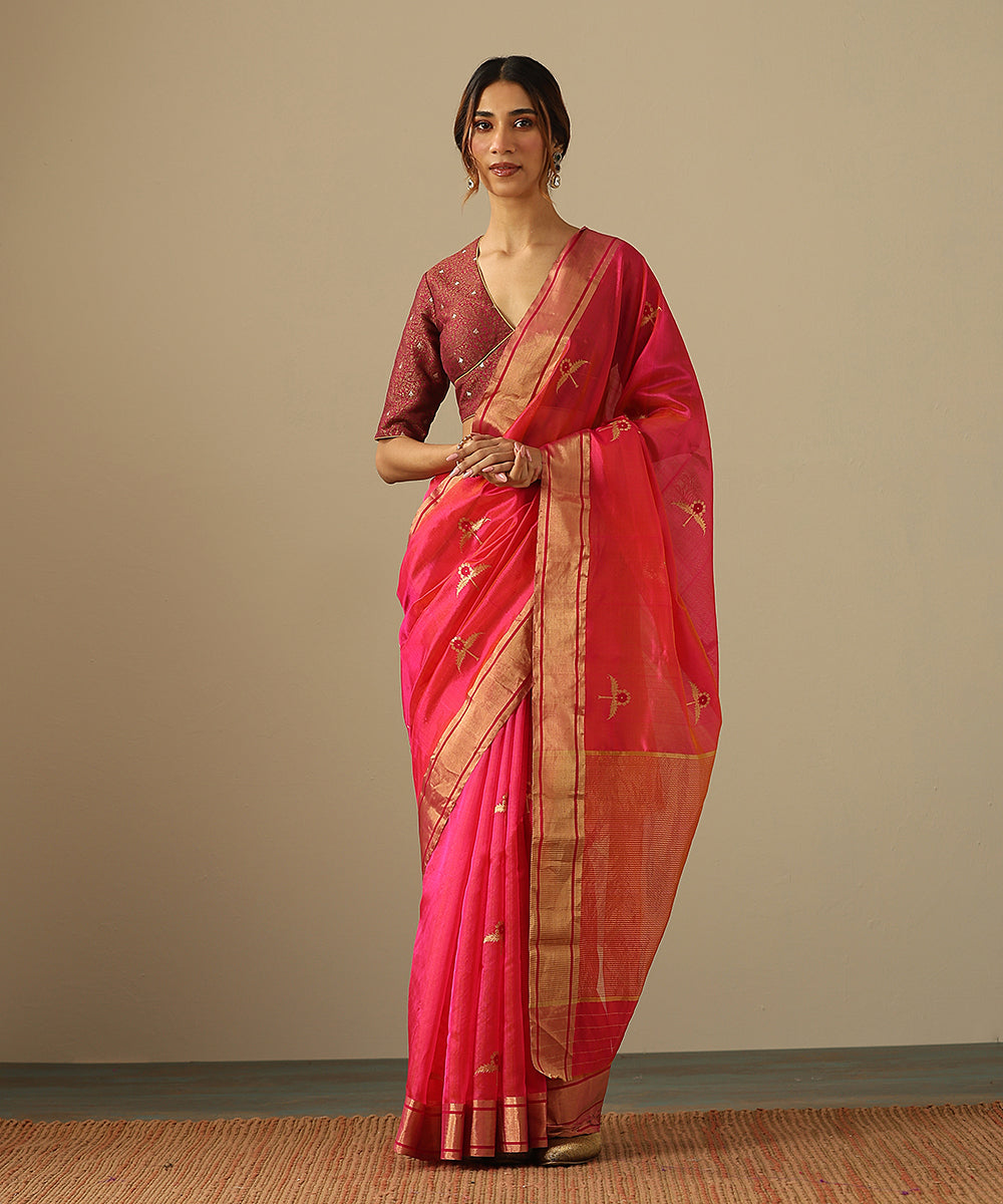 Handloom_Rani_Pink_Double_Shade_Pure_Chanderi_Silk_Saree_With_Two_Leaf_Flower_And_Meena_WeaverStory_02