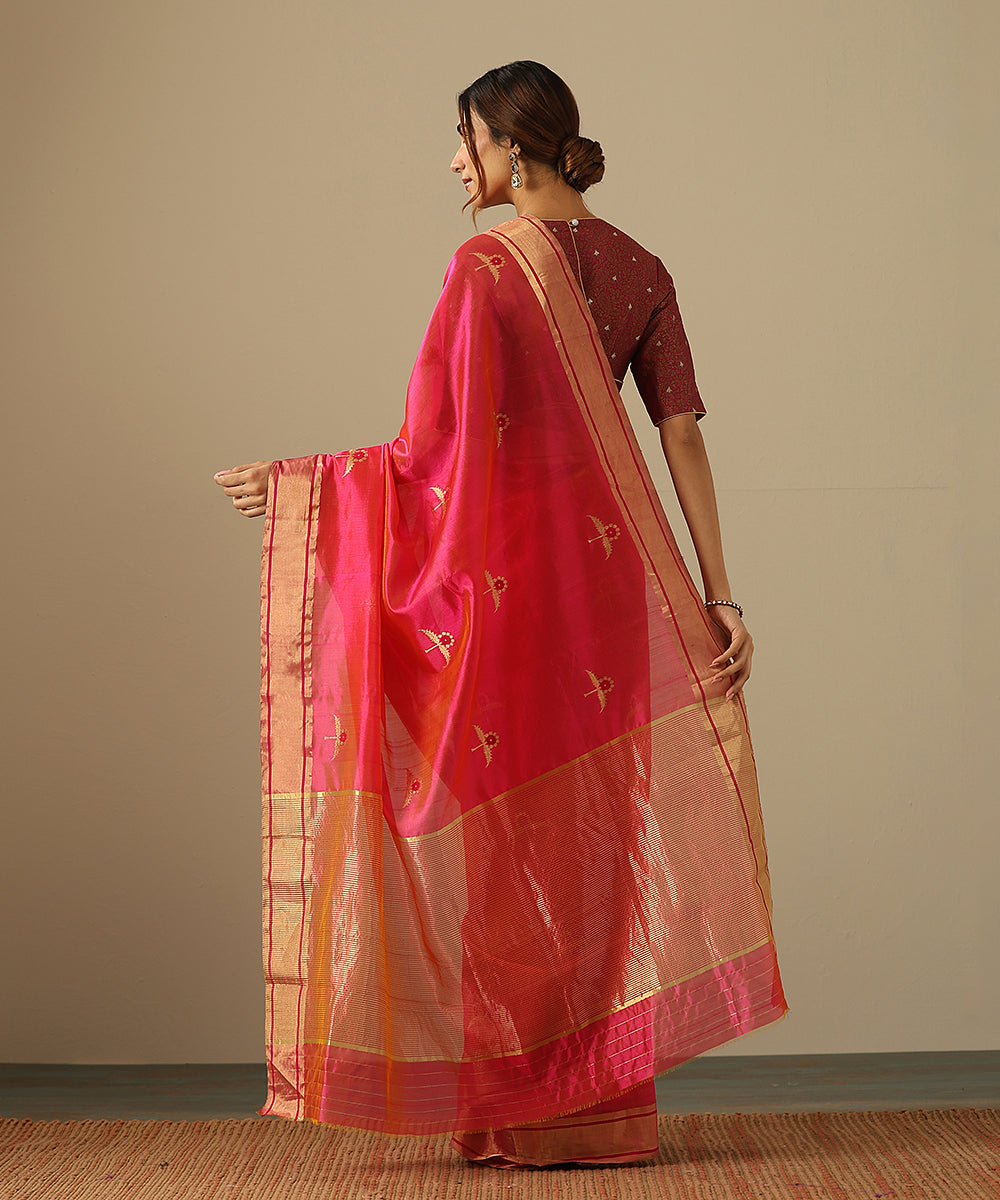 Handloom_Rani_Pink_Double_Shade_Pure_Chanderi_Silk_Saree_With_Two_Leaf_Flower_And_Meena_WeaverStory_03
