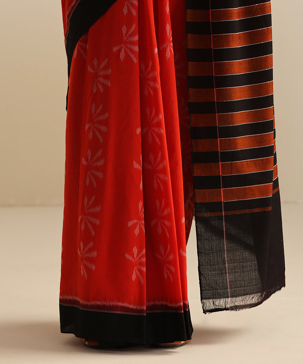Crimson_Red_And_Black_Handloom_Soft_Cotton_Single_Ikat_Saree_With_All_Over_Leaf_Design_WeaverStory_04