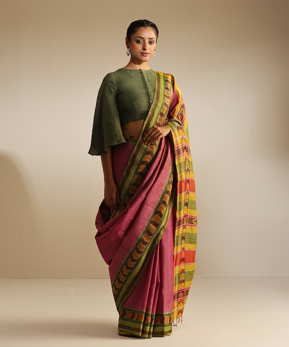 Pink_And_Green_Handloom_Tussar_Silk_Ikat_Saree_With_Dhanapatra_Design_WeaverStory_02