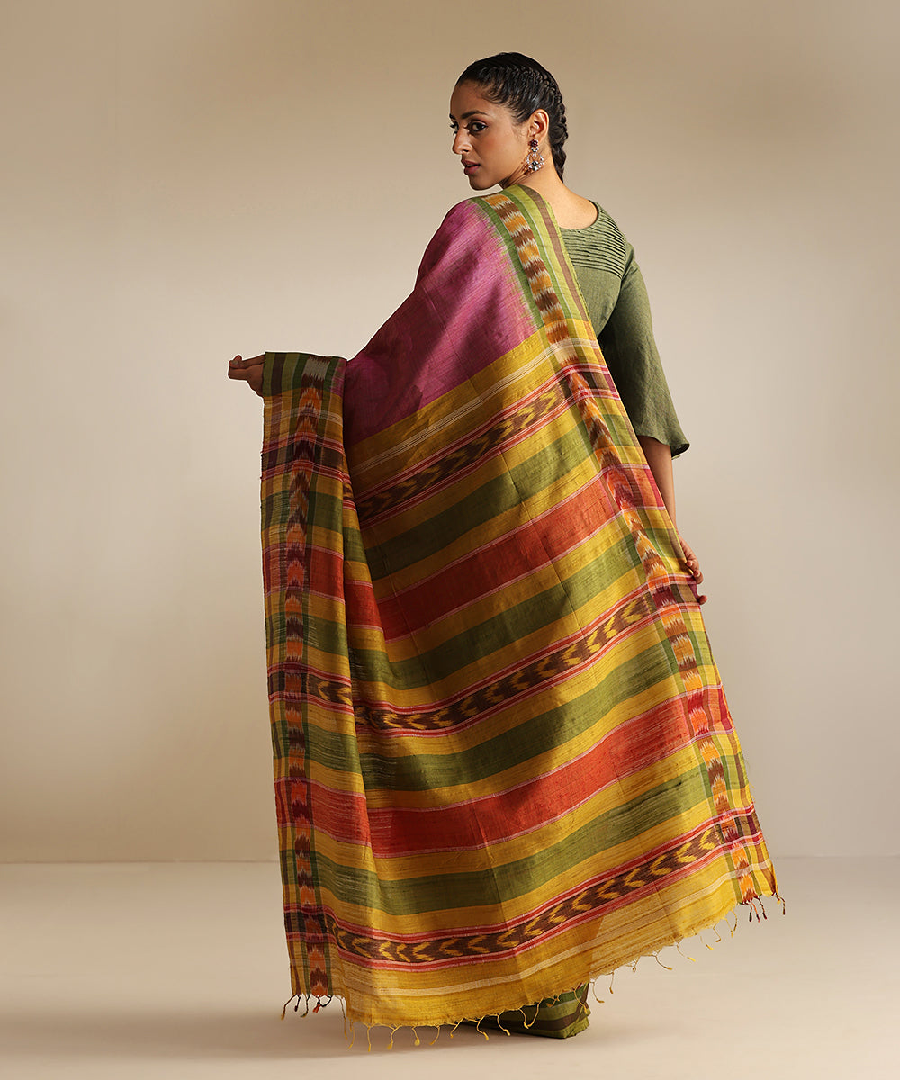 Pink_And_Green_Handloom_Tussar_Silk_Ikat_Saree_With_Dhanapatra_Design_WeaverStory_03