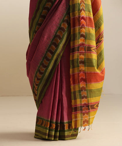 Pink_And_Green_Handloom_Tussar_Silk_Ikat_Saree_With_Dhanapatra_Design_WeaverStory_04