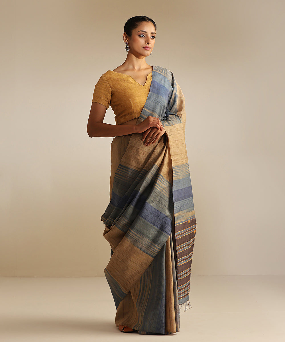 Handloom_Beige_And_Blue_Handspun_Tussar_Silk_Saree_With_Extra_Weft_WeaverStory_02