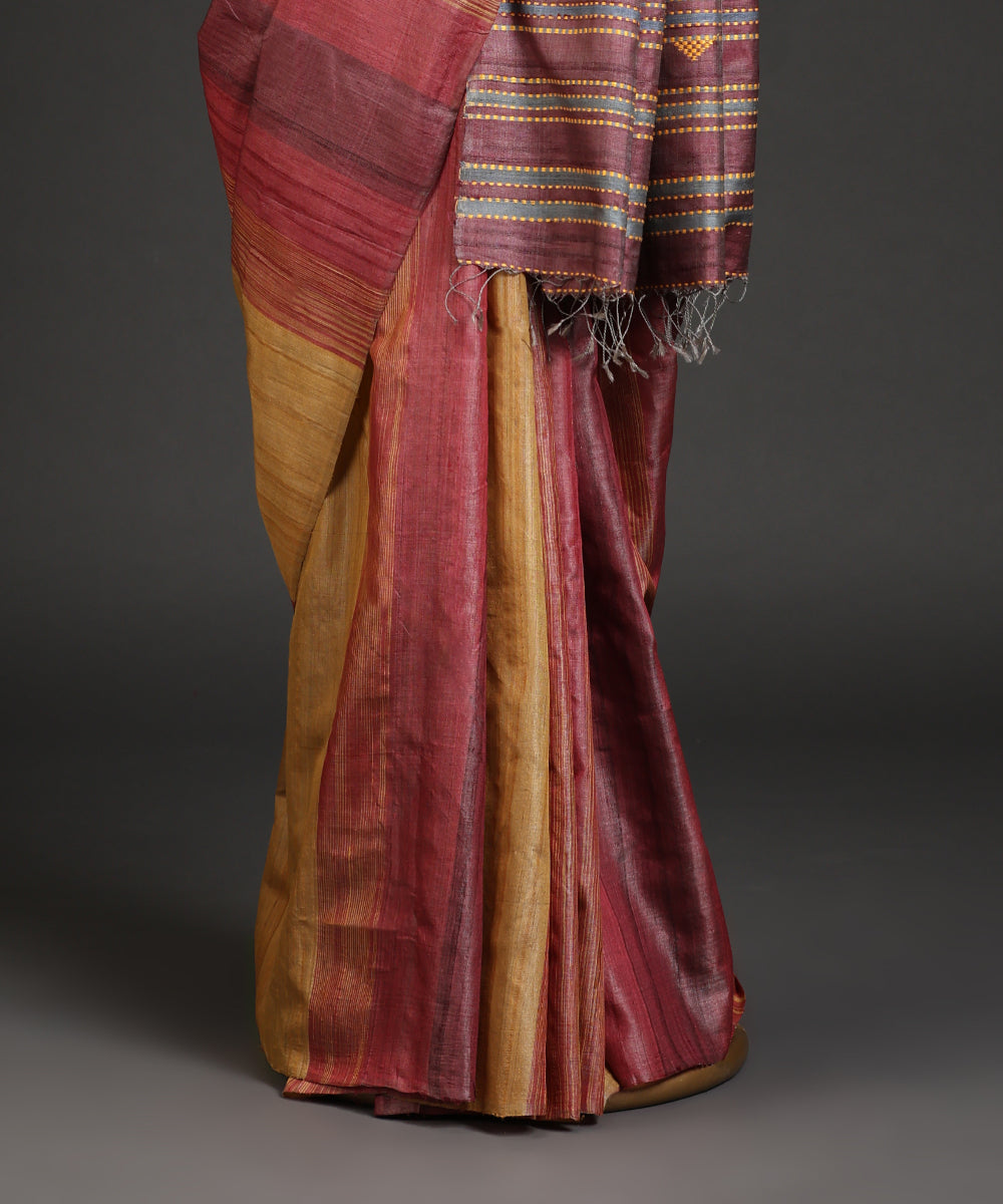 Handloom_Mustard_And_Rosewood_Tussar_Silk_Gradient_Hues_Saree_With_Extra_Weft_WeaverStory_03