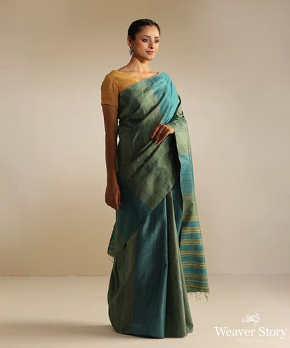 Blue_And_Green_Handspun_Gradient_Hues_Tussar_Silk_Saree_With_Extra_Weft_WeaverStory_02
