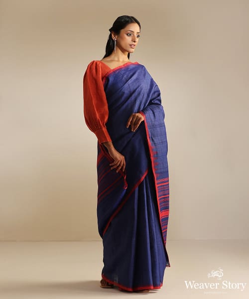 Handloom_Blue_Tussar_Silk_Plain_Saree_With_Red_Saree_WeaverStory_02