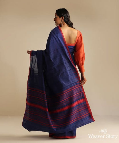 Handloom_Blue_Tussar_Silk_Plain_Saree_With_Red_Saree_WeaverStory_03