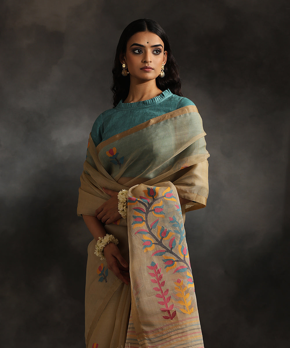 Khaki_Handloom_Pure_Kora_Silk_Muslin_Dhakai_Jamdani_Saree_With_Blue_And_Mustard_Leaves_WeaverStory_01